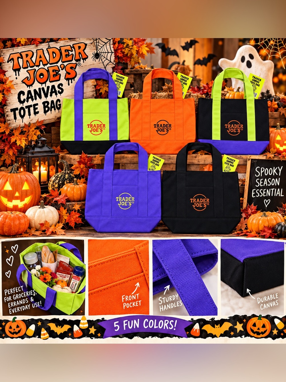 🍁🎃 Full Set of 5! Trader Joe’s Mini Canvas Tote Bags – Colorful Collectible Bags